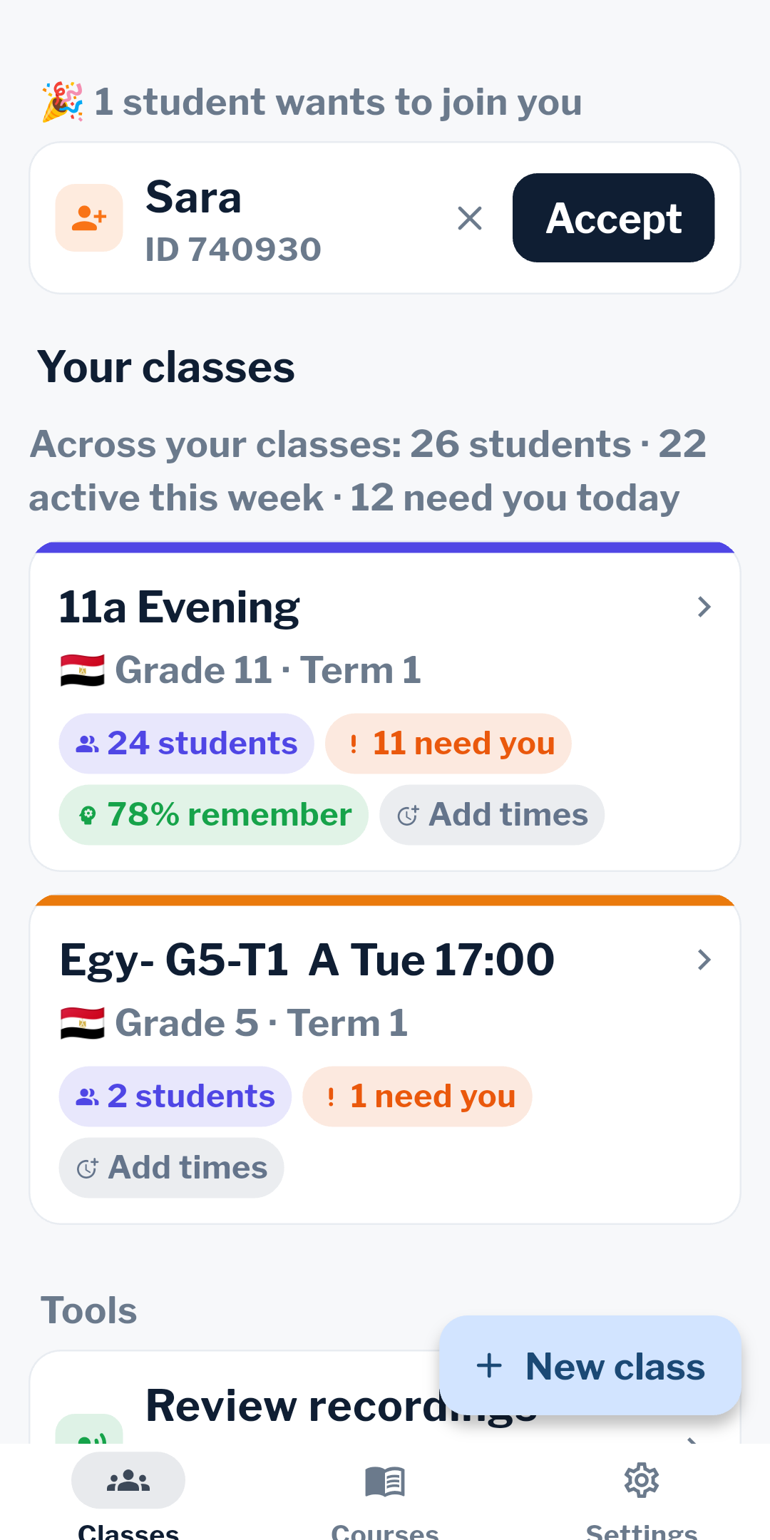 Teacher's classes screen